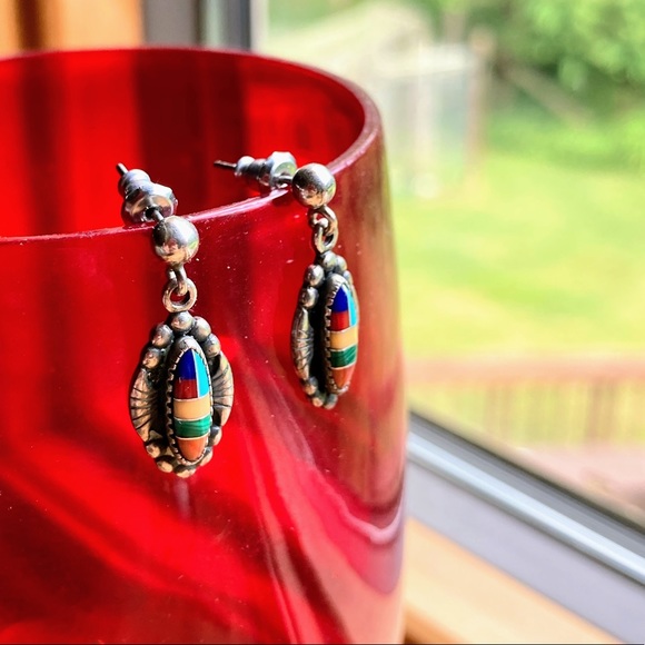 Vintage WM Wheeler Native American Navojo Sterling Silver Inlay Earring - Picture 7 of 13